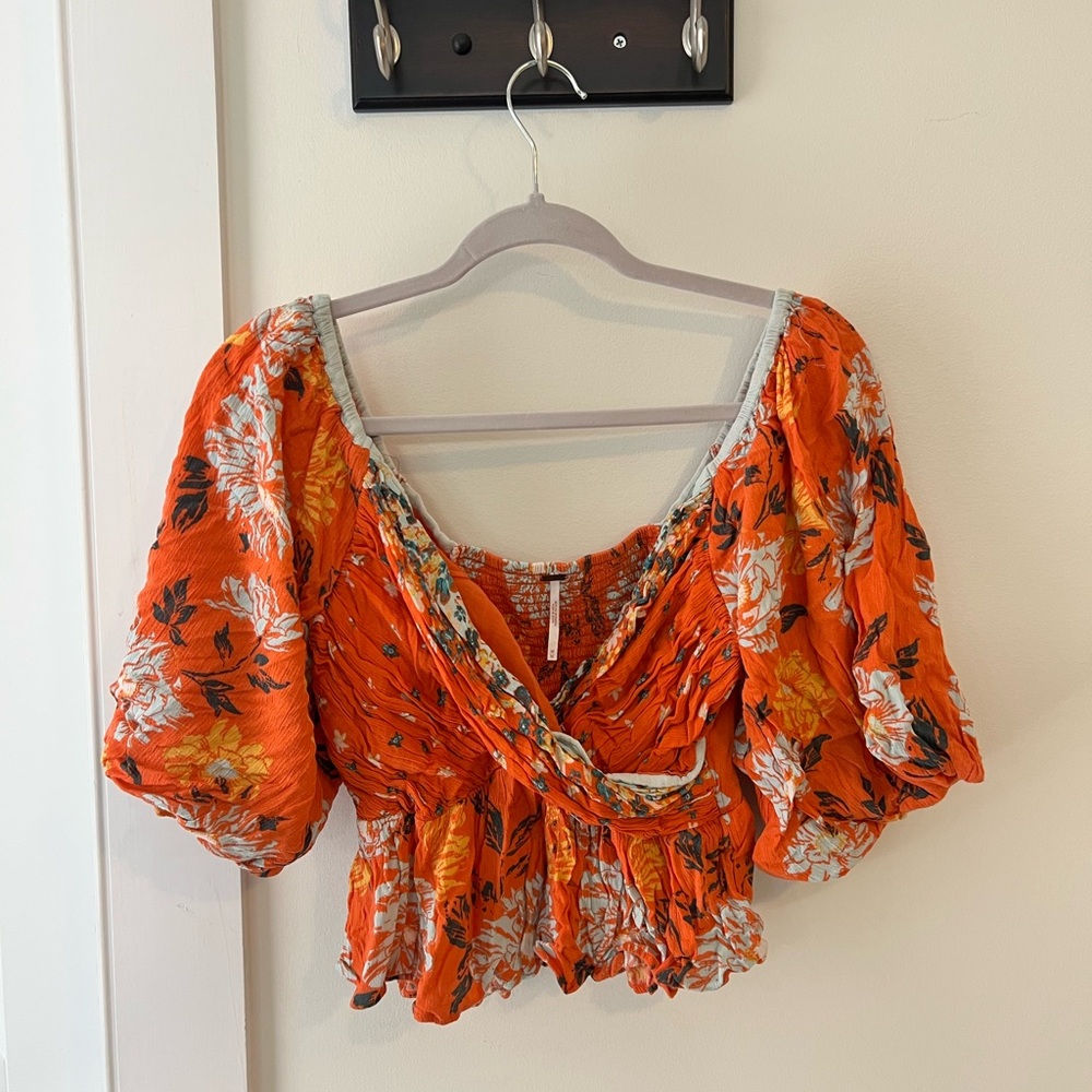 Free People Orange Puff Sleeve Ruffled Blouse
